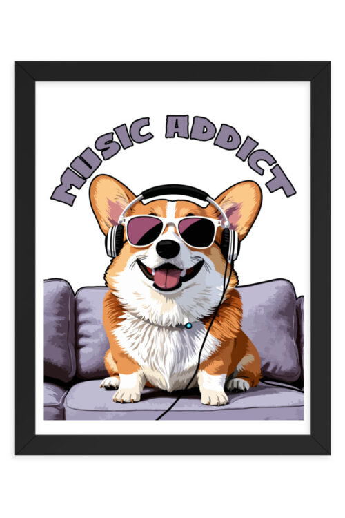 Cute Corgi Art Listening Music Bands-Music Addict  Framed poster