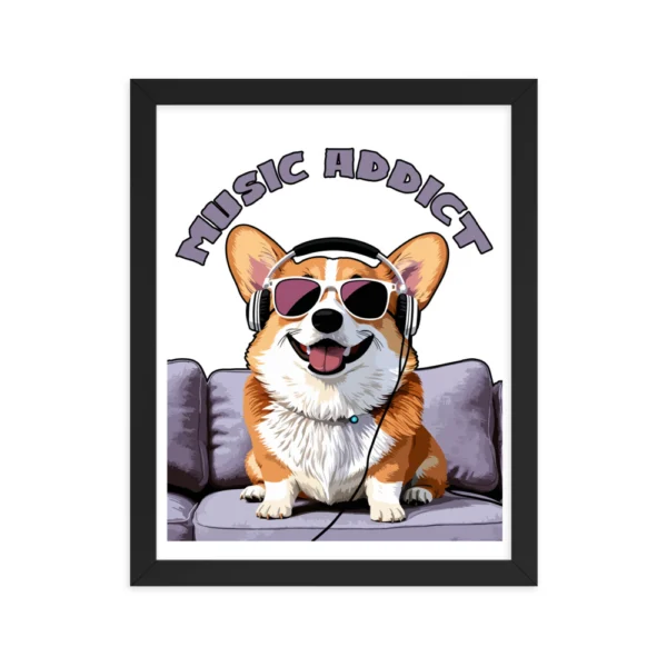 Cute Corgi Art Listening Music Bands-Music Addict  Framed poster